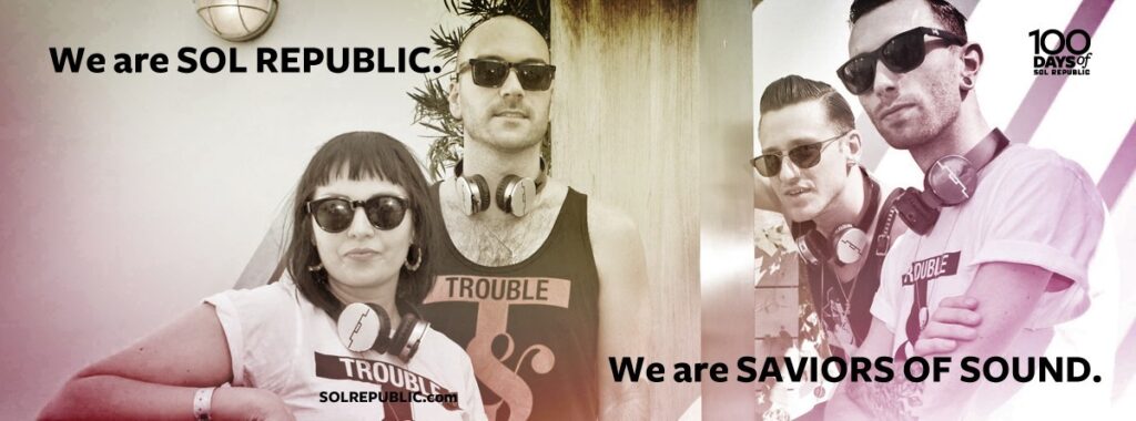 Рекламный коллаж: люди в тёмных очках с наушниками на шее, слоган We are SAVIORS OF SOUND