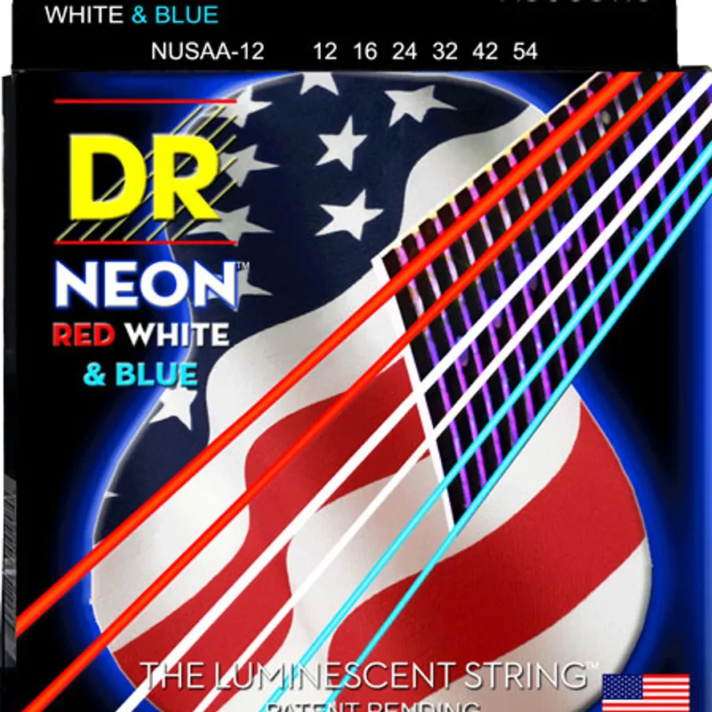 Коробка струн DR Neon Red White & Blue на фоне американского флага